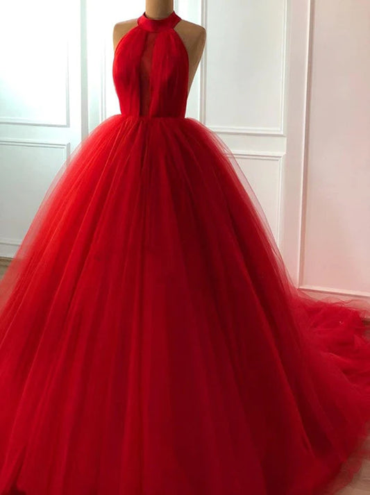 Red Ball Gown Wedding Dresses Halter Sleeveless Backless Court Train Tulle Bridal Gowns Custom Design