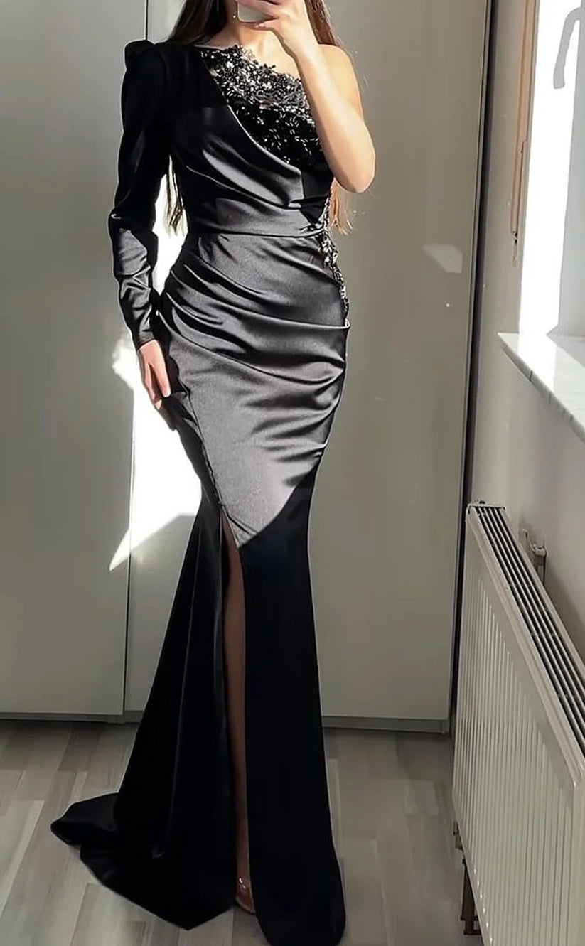 RP711-Eleagnt Black Mermaid One Shoulder Crystals Ruched Long Sleeves Long Prom Evening Dresses Formal Party Gowns With Slit