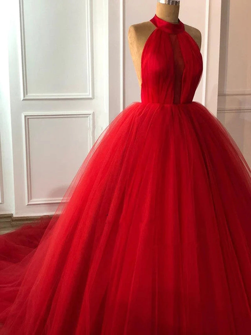 Red Ball Gown Wedding Dresses Halter Sleeveless Backless Court Train Tulle Bridal Gowns Custom Design