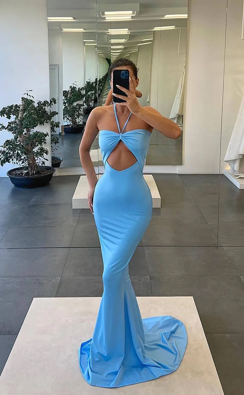 RP692-Eleagnt Sky Blue Mermaid Halter Ruched Sleeveless Long Prom Evening Dresses Formal Party Gowns With Cut-out