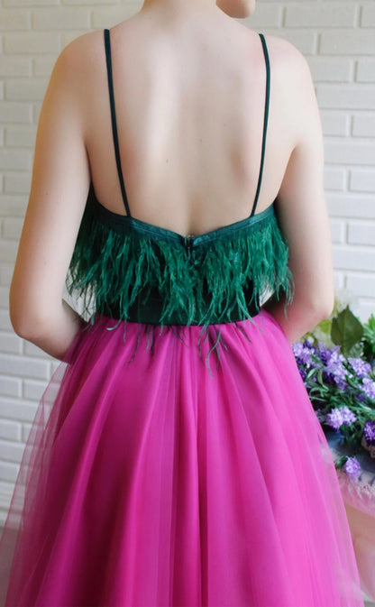 RP162-Pink and Green A-Line Spaghetti Sleeveless Feather Long Prom Evening Dresses Formal Party Gowns With Slit