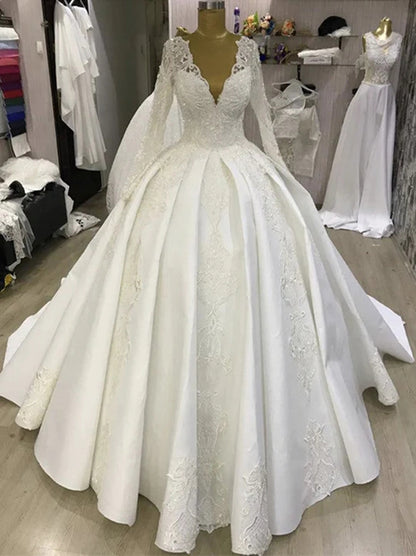 Romantic Ball Gown V-Neck Beads Appliqued Long Sleeves Sweep Train Satin Bridal Gowns Custom Made