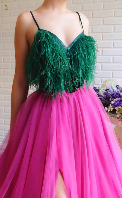 RP162-Pink and Green A-Line Spaghetti Sleeveless Feather Long Prom Evening Dresses Formal Party Gowns With Slit