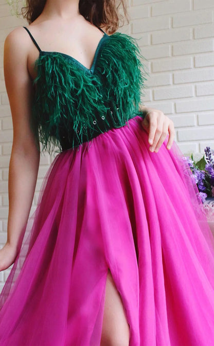 RP162-Pink and Green A-Line Spaghetti Sleeveless Feather Long Prom Evening Dresses Formal Party Gowns With Slit