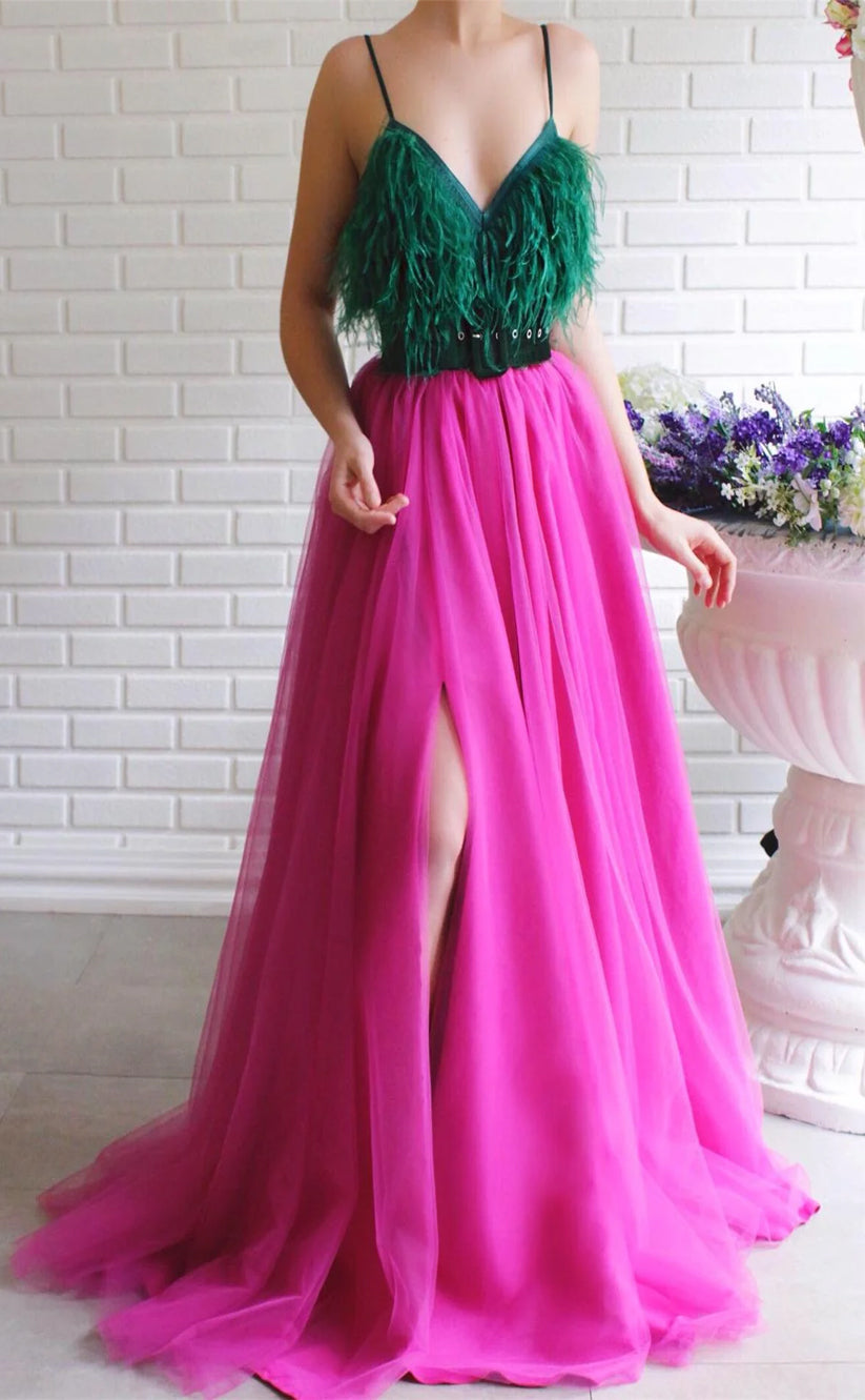 RP162-Pink and Green A-Line Spaghetti Sleeveless Feather Long Prom Evening Dresses Formal Party Gowns With Slit