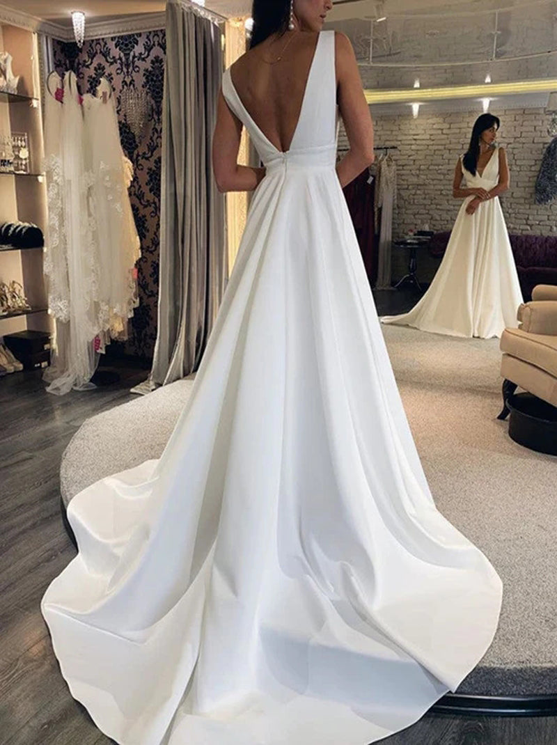 Simple A-Line Wedding Dresses V-Neck Sleeveless Backless Satin Sweep Train Bridal Gowns Custom Made