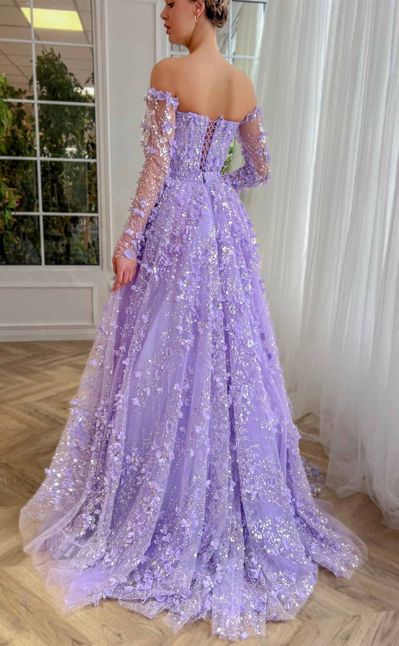 RP152-Light Purple A-Line Off-the-Shoulder 3D Flowers Sequins Long Prom Evening Dresses Formal Party Gowns