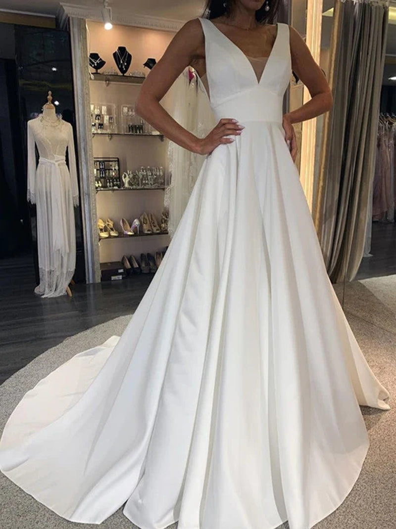 Simple A-Line Wedding Dresses V-Neck Sleeveless Backless Satin Sweep Train Bridal Gowns Custom Made