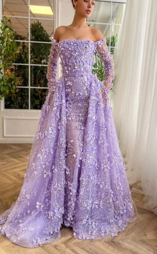 RP152-Light Purple A-Line Off-the-Shoulder 3D Flowers Sequins Long Prom Evening Dresses Formal Party Gowns