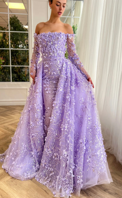 RP152-Light Purple A-Line Off-the-Shoulder 3D Flowers Sequins Long Prom Evening Dresses Formal Party Gowns