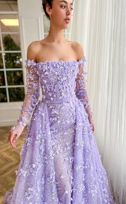 RP152-Light Purple A-Line Off-the-Shoulder 3D Flowers Sequins Long Prom Evening Dresses Formal Party Gowns