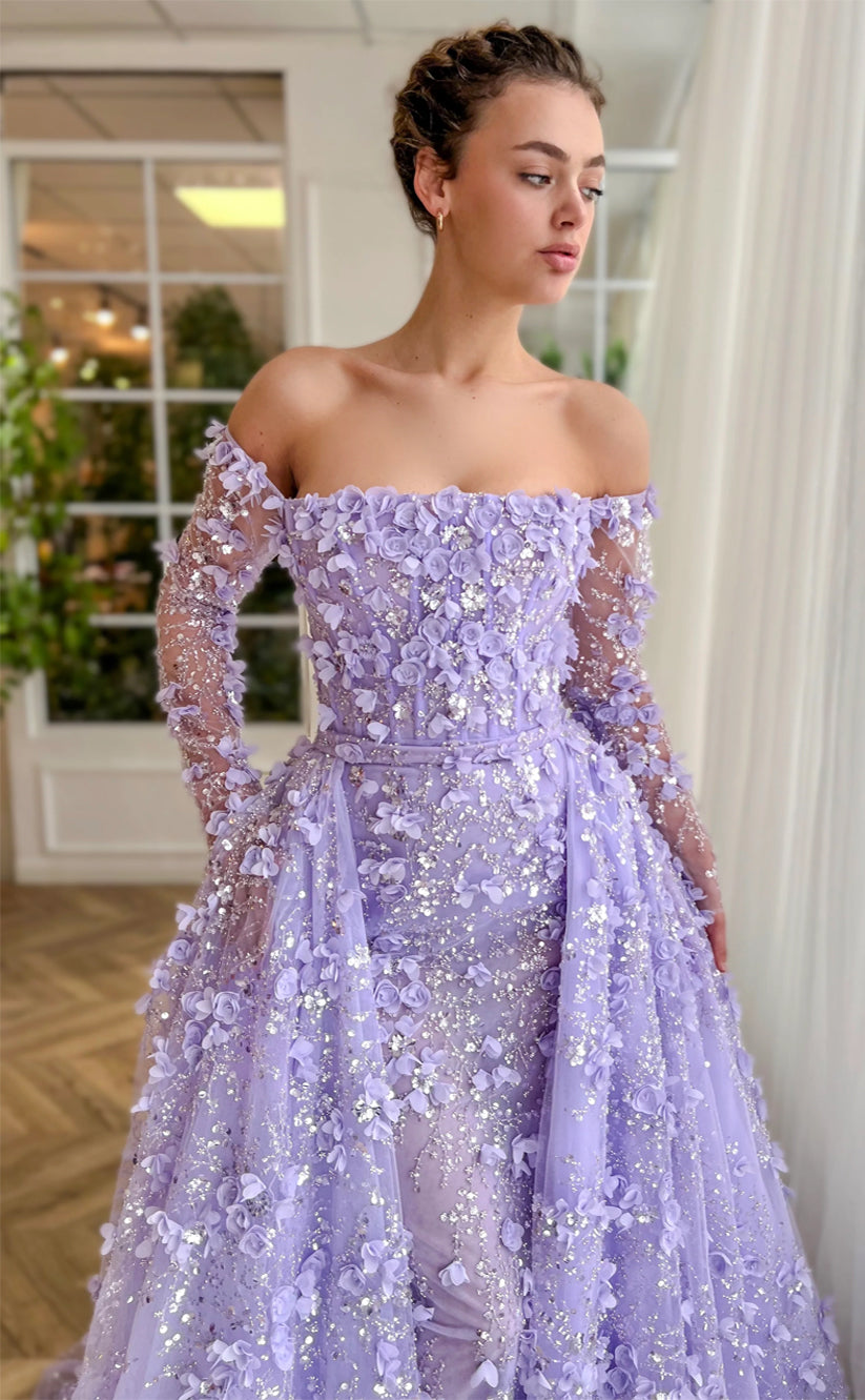 RP152-Light Purple A-Line Off-the-Shoulder 3D Flowers Sequins Long Prom Evening Dresses Formal Party Gowns