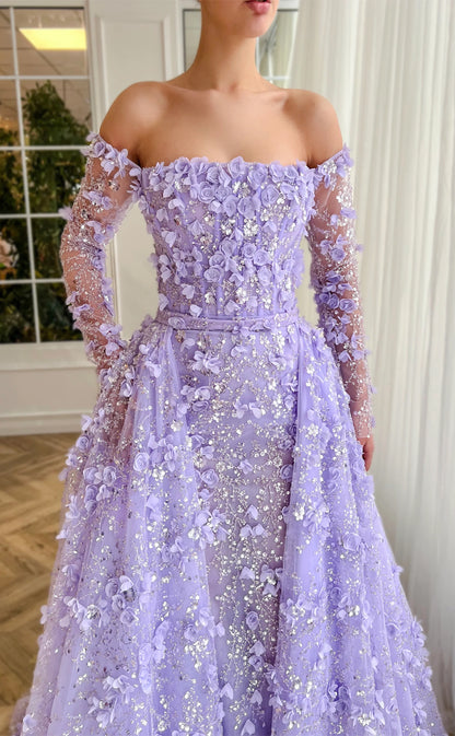 RP152-Light Purple A-Line Off-the-Shoulder 3D Flowers Sequins Long Prom Evening Dresses Formal Party Gowns