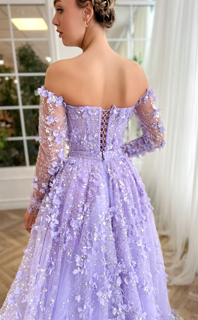 RP152-Light Purple A-Line Off-the-Shoulder 3D Flowers Sequins Long Prom Evening Dresses Formal Party Gowns