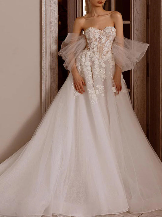 Gorgeous & Elegant A-Line Wedding Dresses Sweetheart Appliqued Tulle Court Train Bridal Gowns With Detachable Puffy Sleeves