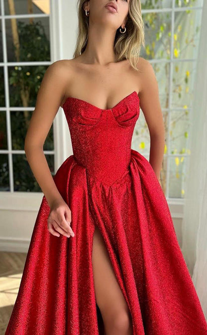 RP163-Red A-Line Spaghetti Sleeveless Crystals Long Prom Evening Dresses Formal Party Gowns With Slit