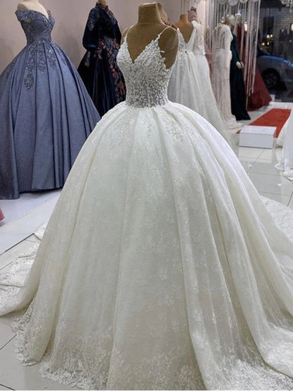 Elegant Ball Gown Wedding Dresses Spaghetti Beads Appliqued Lace Up Court Train Satin Bridal Gowns Custom Made