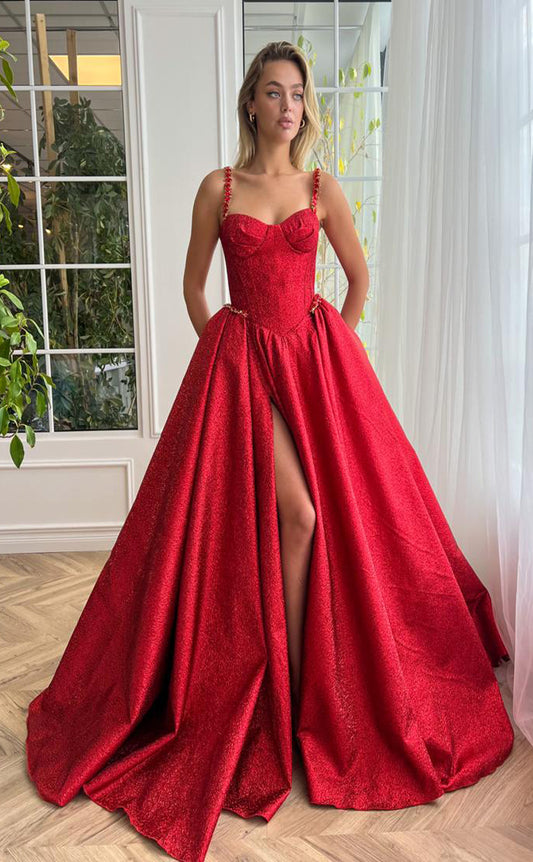 RP163-Red A-Line Spaghetti Sleeveless Crystals Long Prom Evening Dresses Formal Party Gowns With Slit