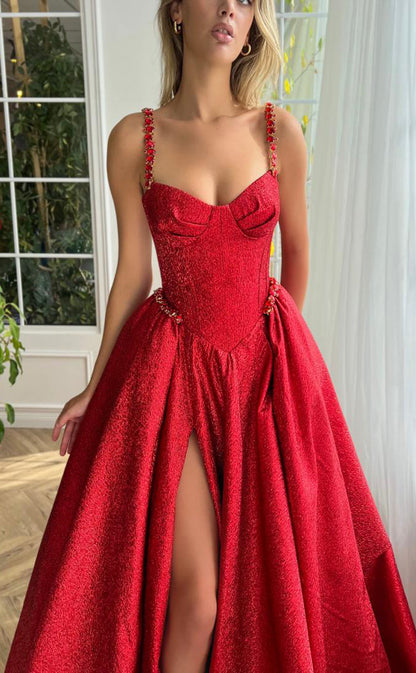 RP163-Red A-Line Spaghetti Sleeveless Crystals Long Prom Evening Dresses Formal Party Gowns With Slit