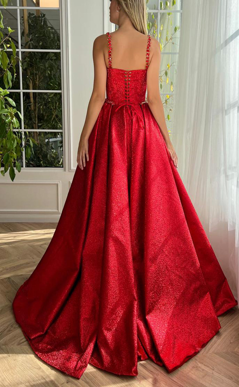 RP163-Red A-Line Spaghetti Sleeveless Crystals Long Prom Evening Dresses Formal Party Gowns With Slit