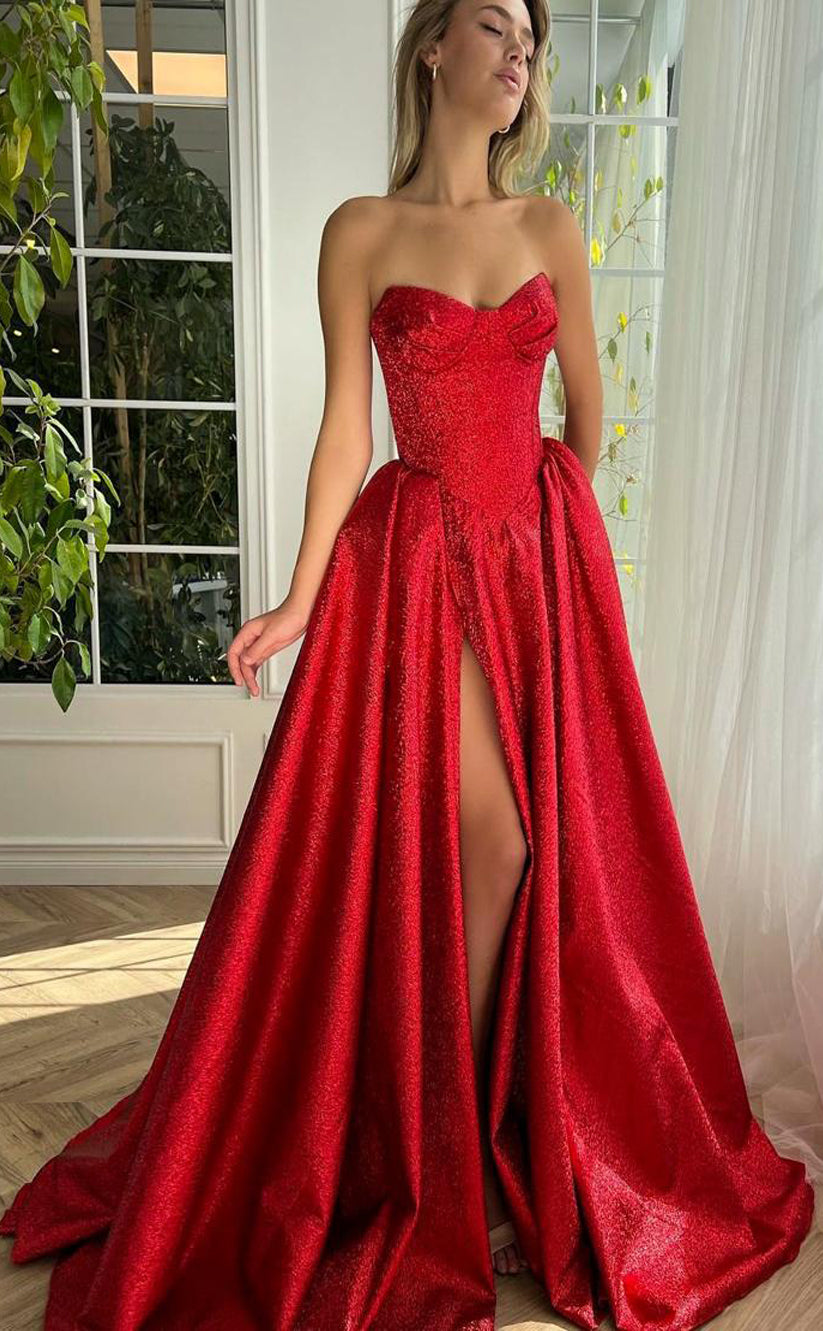 RP163-Red A-Line Spaghetti Sleeveless Crystals Long Prom Evening Dresses Formal Party Gowns With Slit