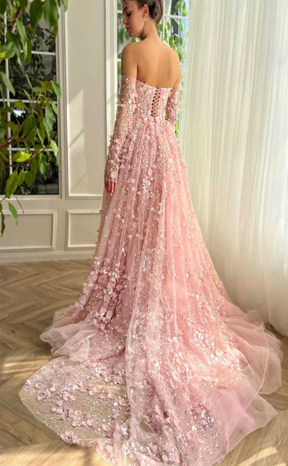 RP153-Light Pink A-Line Off-the-Shoulder 3D Flowers Sequins Long Prom Evening Dresses Formal Party Gowns