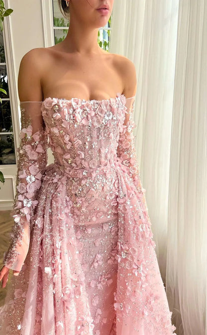 RP153-Light Pink A-Line Off-the-Shoulder 3D Flowers Sequins Long Prom Evening Dresses Formal Party Gowns