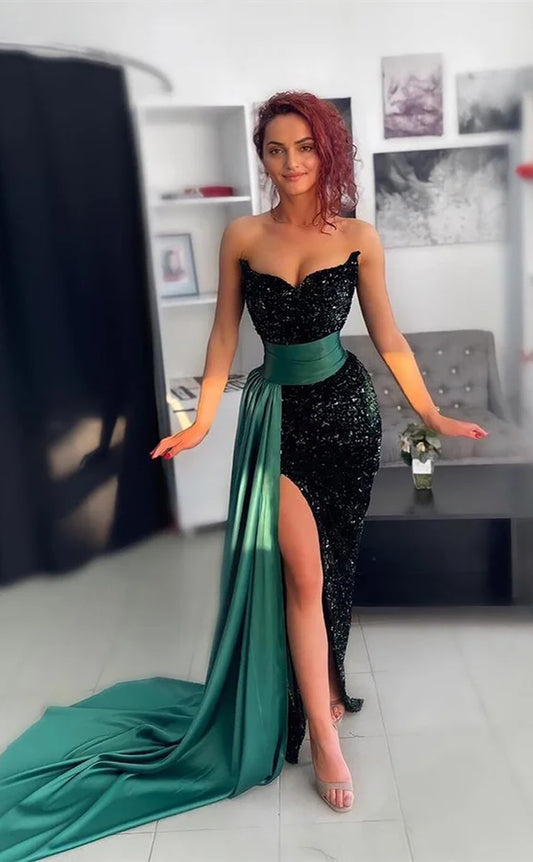 RP697-Sparkling Green Mermaid Dress Sweetheart Beads Sequins Sleeveless Long Prom Evening Dresses Formal Party Gowns With Slit