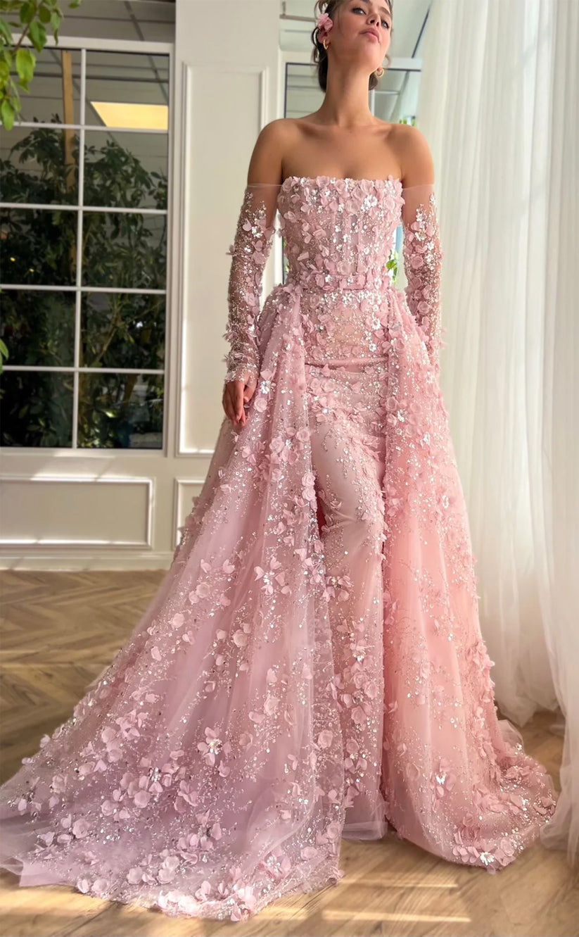 RP153-Light Pink A-Line Off-the-Shoulder 3D Flowers Sequins Long Prom Evening Dresses Formal Party Gowns