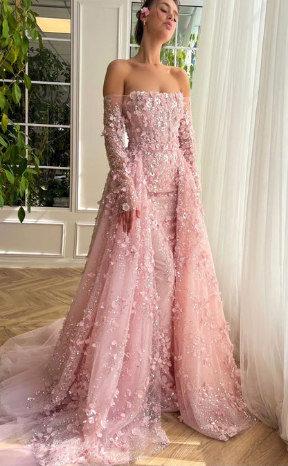 RP153-Light Pink A-Line Off-the-Shoulder 3D Flowers Sequins Long Prom Evening Dresses Formal Party Gowns