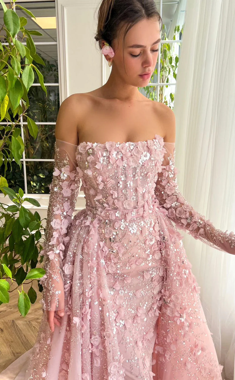 RP153-Light Pink A-Line Off-the-Shoulder 3D Flowers Sequins Long Prom Evening Dresses Formal Party Gowns