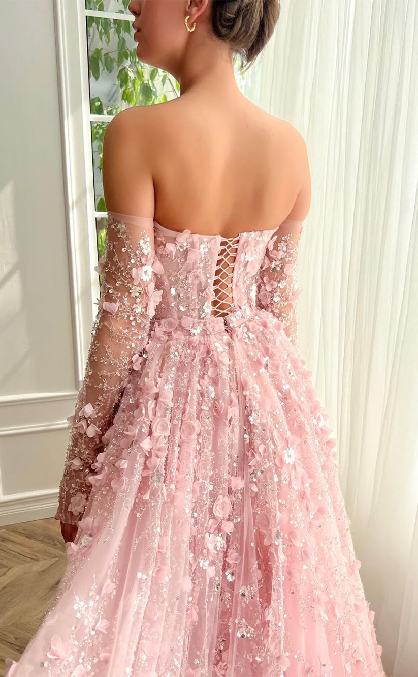 RP153-Light Pink A-Line Off-the-Shoulder 3D Flowers Sequins Long Prom Evening Dresses Formal Party Gowns