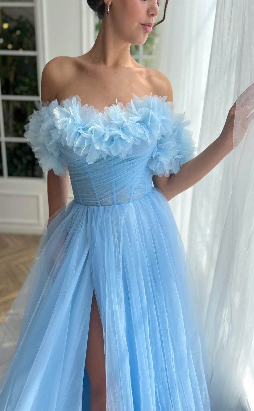 RP155-Sky Blue A-Line Off-the-Shoulder Sleeveless 3D Flowers Long Prom Evening Dresses Formal Party Gowns With Slit