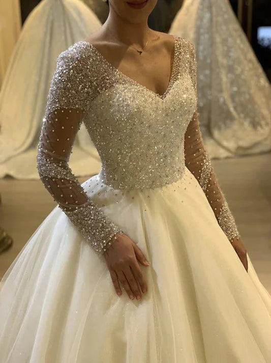 Sparkling Ball Gown Wedding Dresses V-Neck Beads Sequins Lace Up Court Train Tulle Bridal Gowns Custom Made