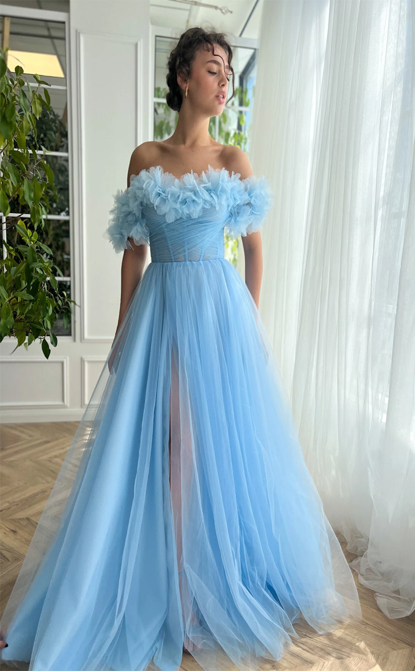 RP155-Sky Blue A-Line Off-the-Shoulder Sleeveless 3D Flowers Long Prom Evening Dresses Formal Party Gowns With Slit