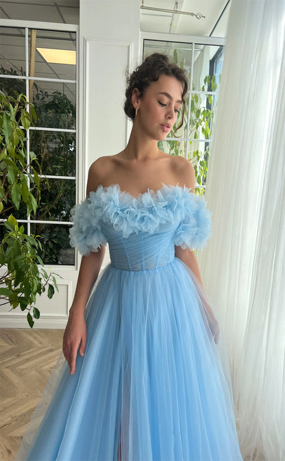 RP155-Sky Blue A-Line Off-the-Shoulder Sleeveless 3D Flowers Long Prom Evening Dresses Formal Party Gowns With Slit