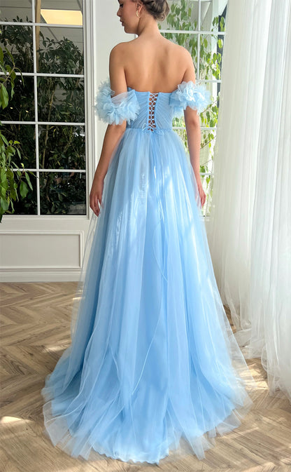 RP155-Sky Blue A-Line Off-the-Shoulder Sleeveless 3D Flowers Long Prom Evening Dresses Formal Party Gowns With Slit