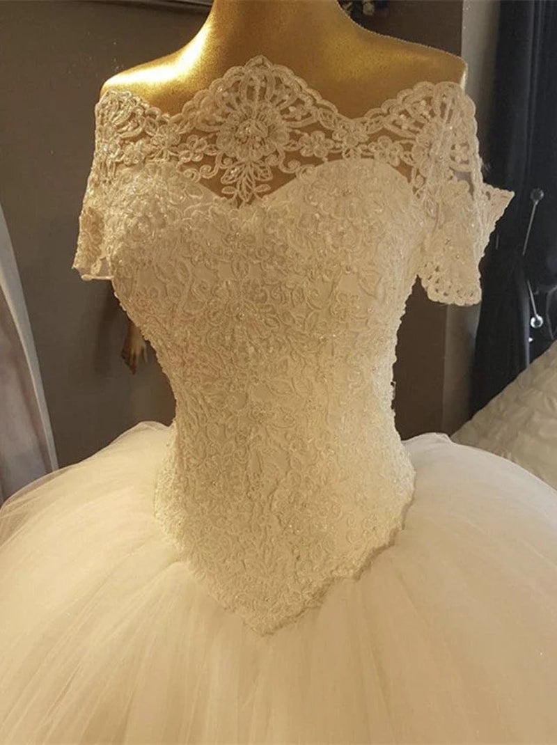 Elegant Ball Gown Off The Shoulder Short Sleeves Appliqued Lace Up Court Train Satin Bridal Gowns Custom Made