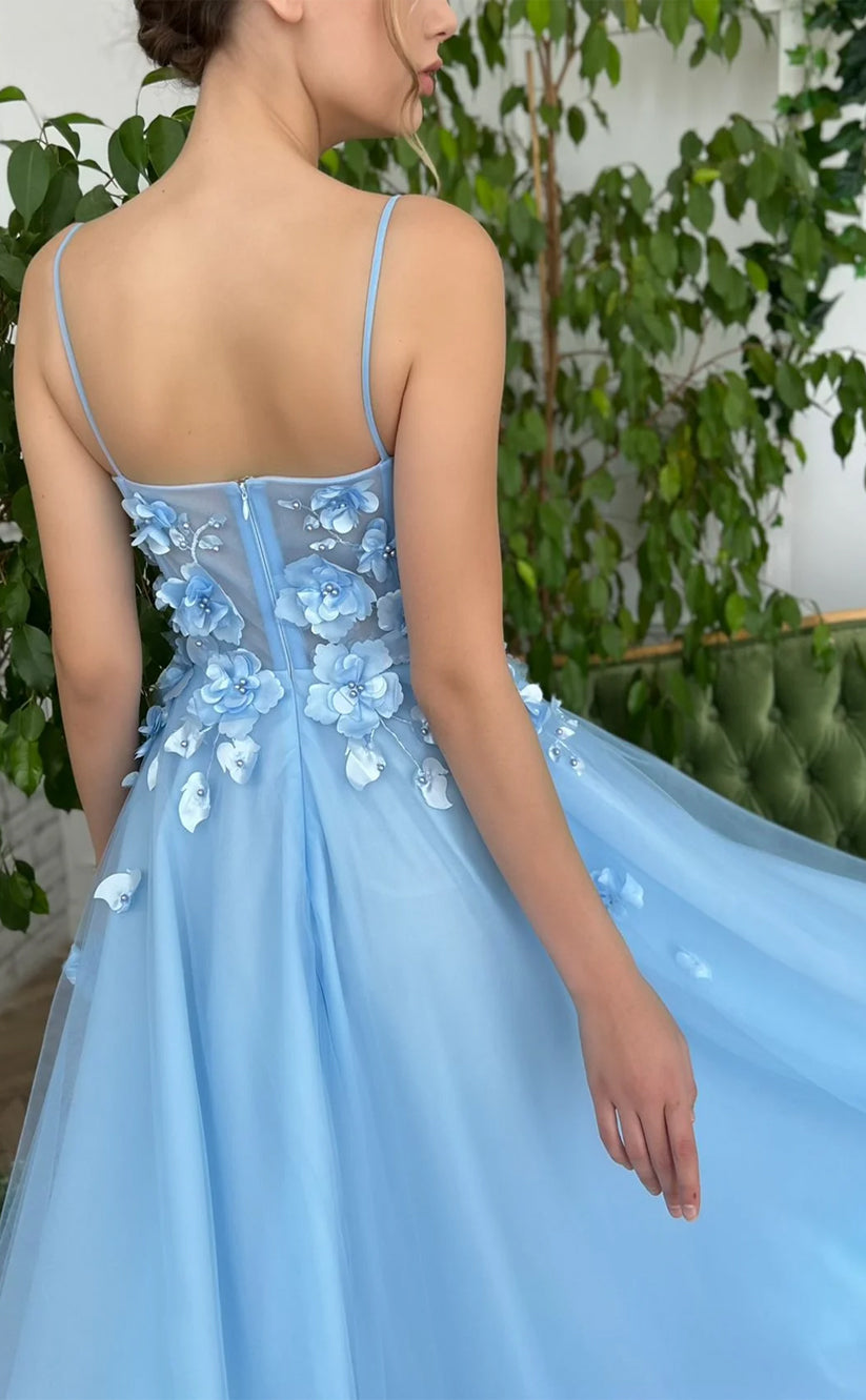 RP154-Sky Blue A-Line Spaghetti Sleeveless 3D Flowers Long Prom Evening Dresses Formal Party Gowns With Slit