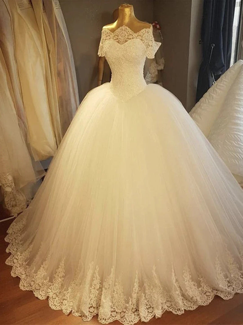 Elegant Ball Gown Off The Shoulder Short Sleeves Appliqued Lace Up Court Train Satin Bridal Gowns Custom Made