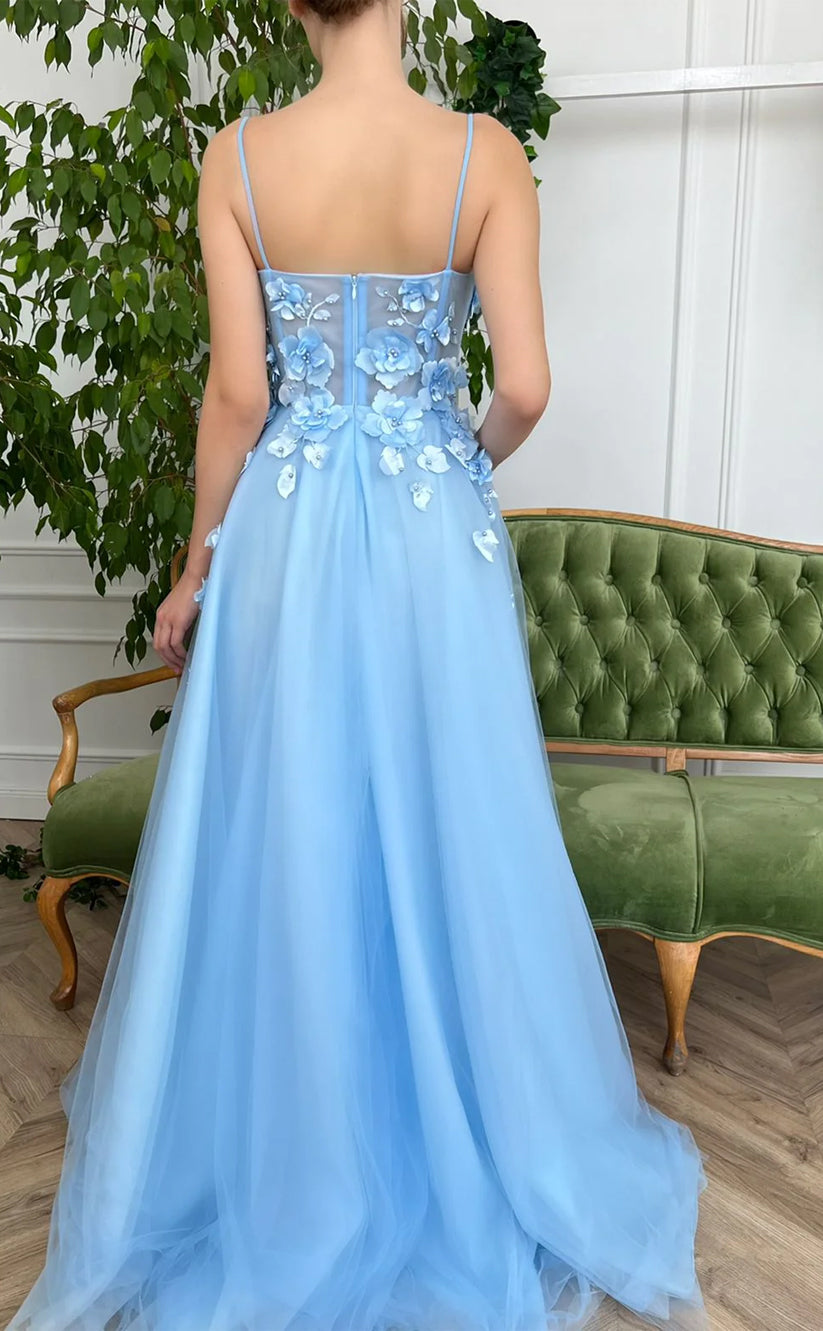 RP154-Sky Blue A-Line Spaghetti Sleeveless 3D Flowers Long Prom Evening Dresses Formal Party Gowns With Slit