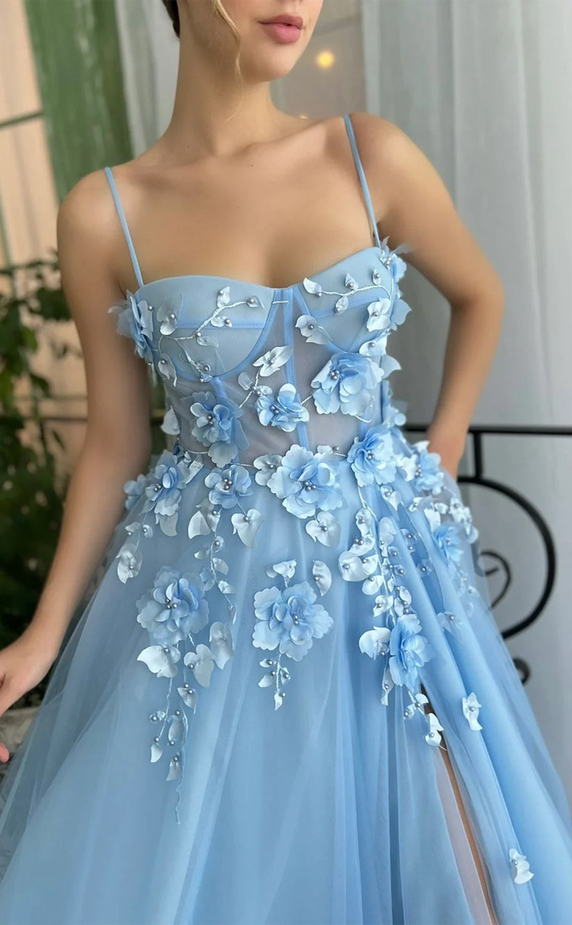 RP154-Sky Blue A-Line Spaghetti Sleeveless 3D Flowers Long Prom Evening Dresses Formal Party Gowns With Slit