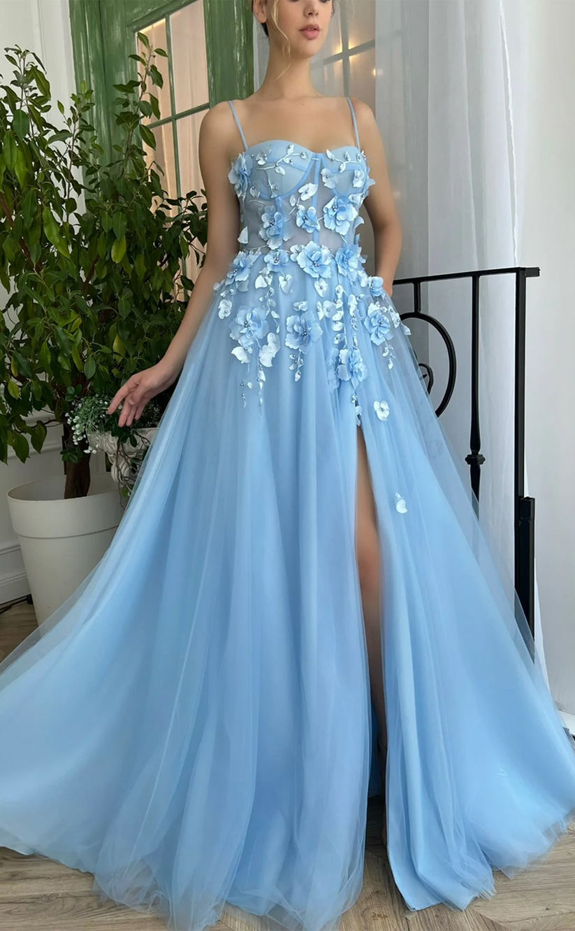 RP154-Sky Blue A-Line Spaghetti Sleeveless 3D Flowers Long Prom Evening Dresses Formal Party Gowns With Slit