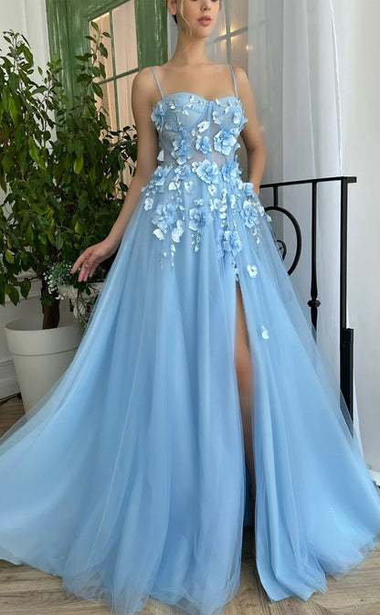 RP154-Sky Blue A-Line Spaghetti Sleeveless 3D Flowers Long Prom Evening Dresses Formal Party Gowns With Slit