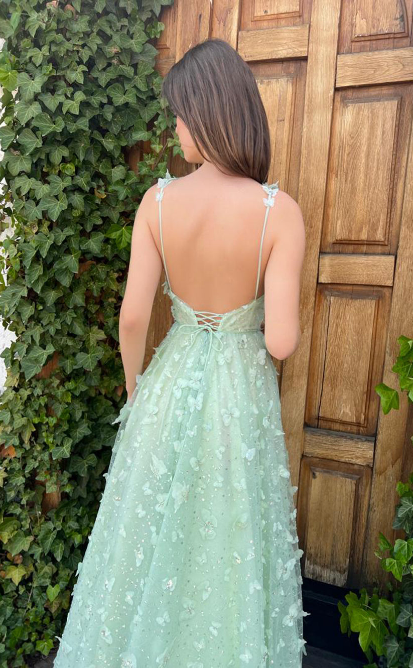 RP156-Mint A-Line Spaghetti Sleeveless 3D Flowers Long Prom Evening Dresses Formal Party Gowns With Slit