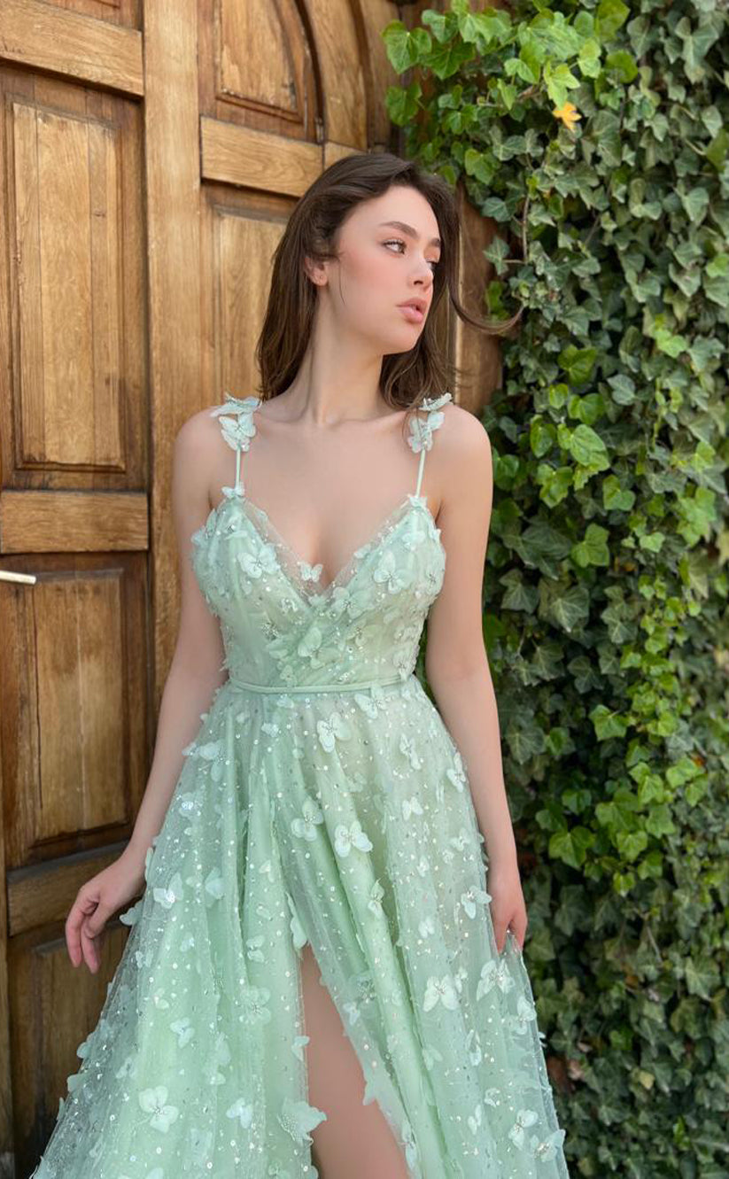 RP156-Mint A-Line Spaghetti Sleeveless 3D Flowers Long Prom Evening Dresses Formal Party Gowns With Slit