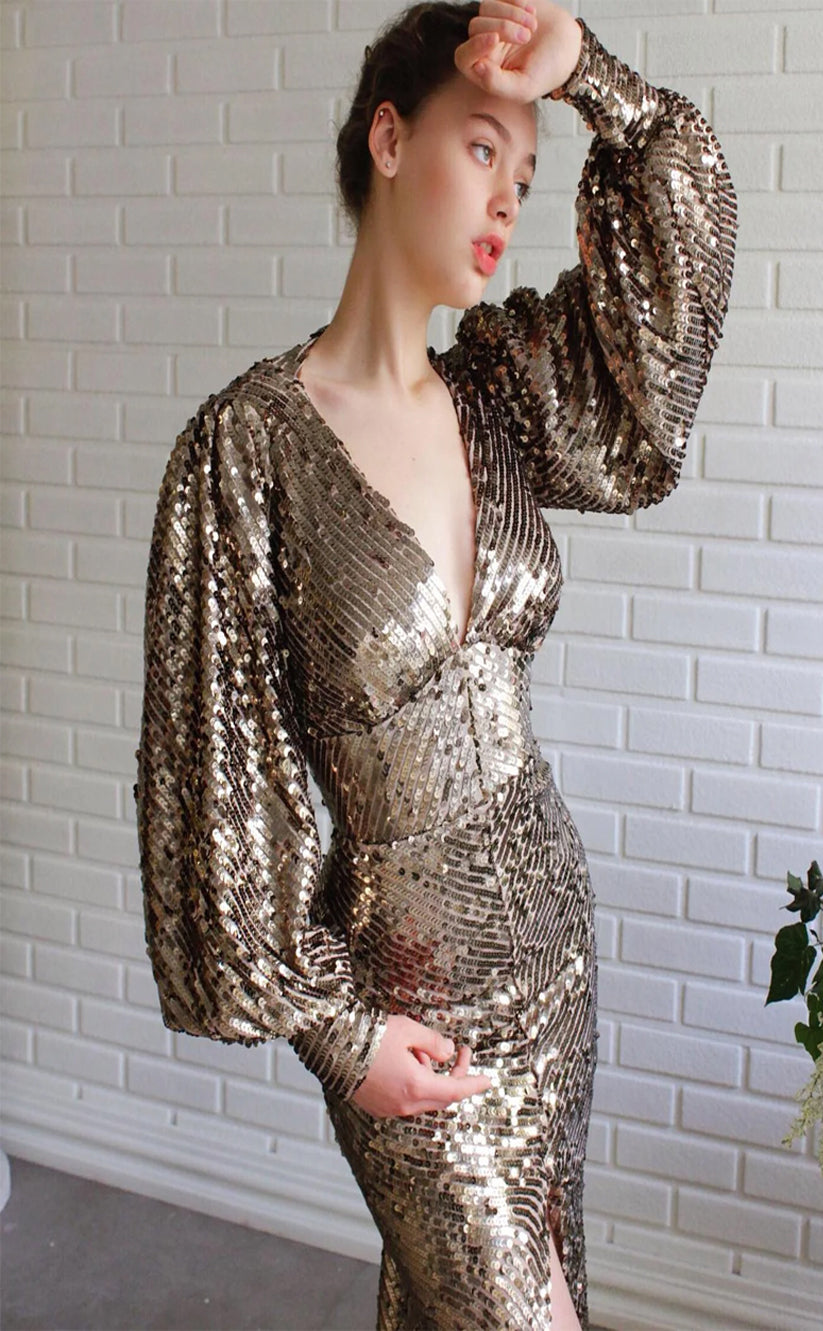 RP176-Sparkling Trumpet V-Neck Long Sleeves Sequins Long Prom Evening Dresses Formal Party Gowns