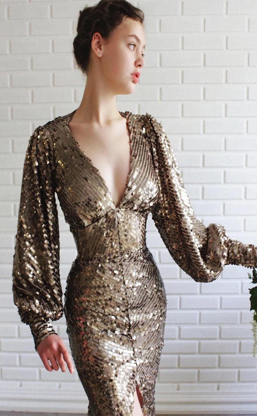 RP176-Sparkling Trumpet V-Neck Long Sleeves Sequins Long Prom Evening Dresses Formal Party Gowns