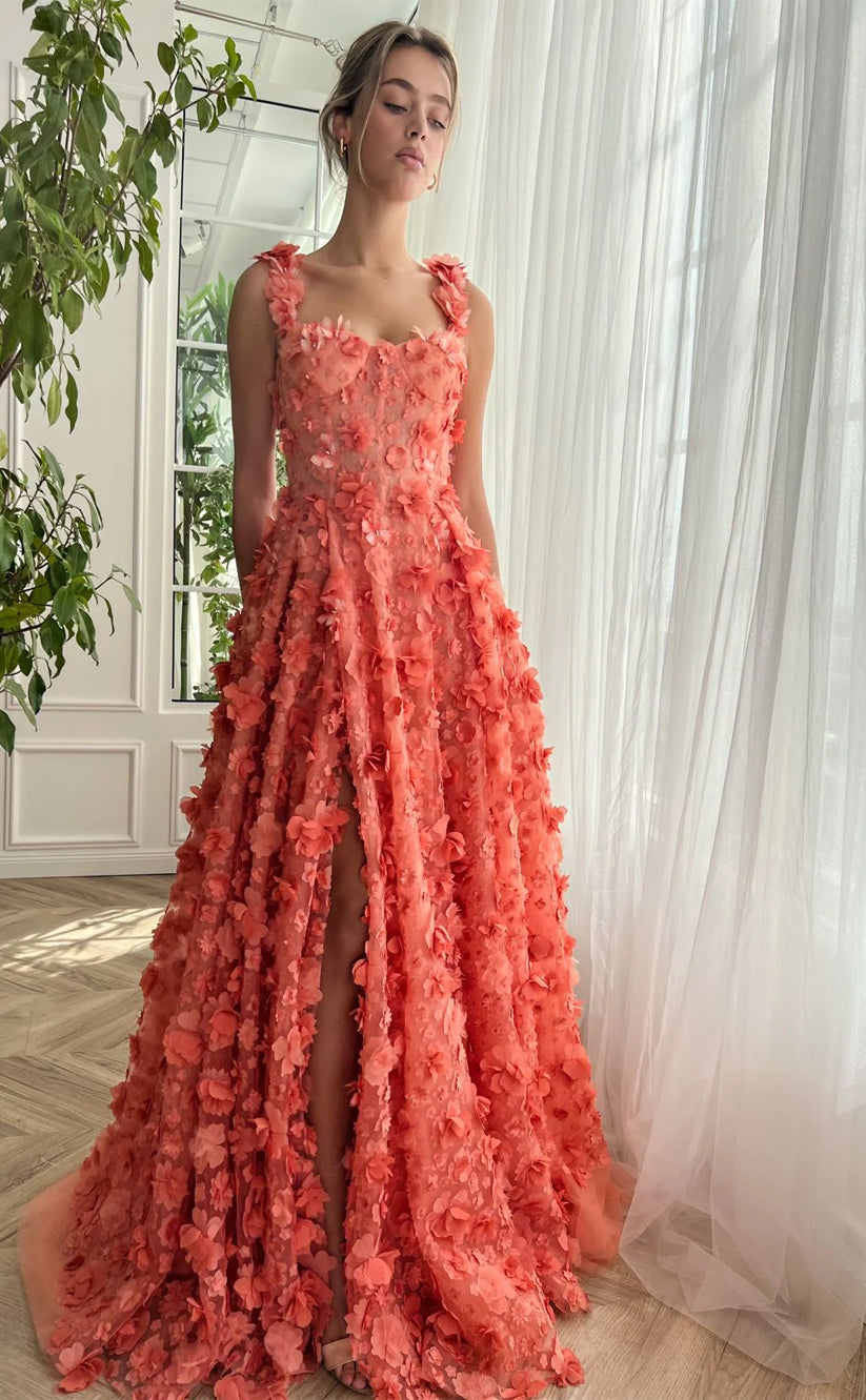 RP149-Charming A-Line Spaghetti Sleeveless 3D Flowers Long Prom Evening Dresses Formal Party Gowns With Slit