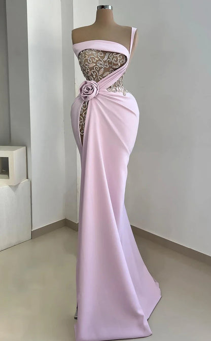 RP353-Modern Sheath/Column One Shoulder Pleated Beaded Sleeveless Prom Evening Dresses Formal Party Gowns With Flower